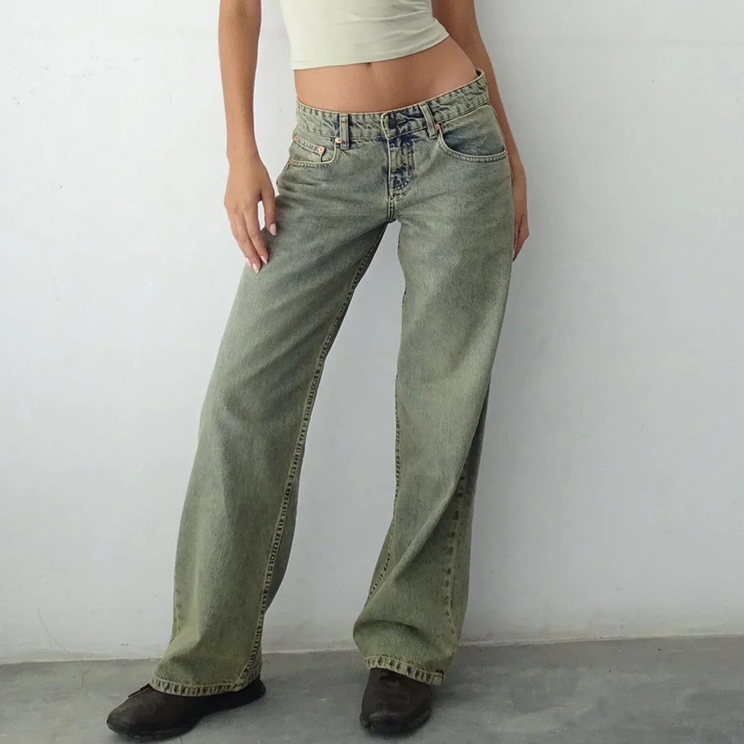 Damengestellte Jeans Weite Bein Retro Stil