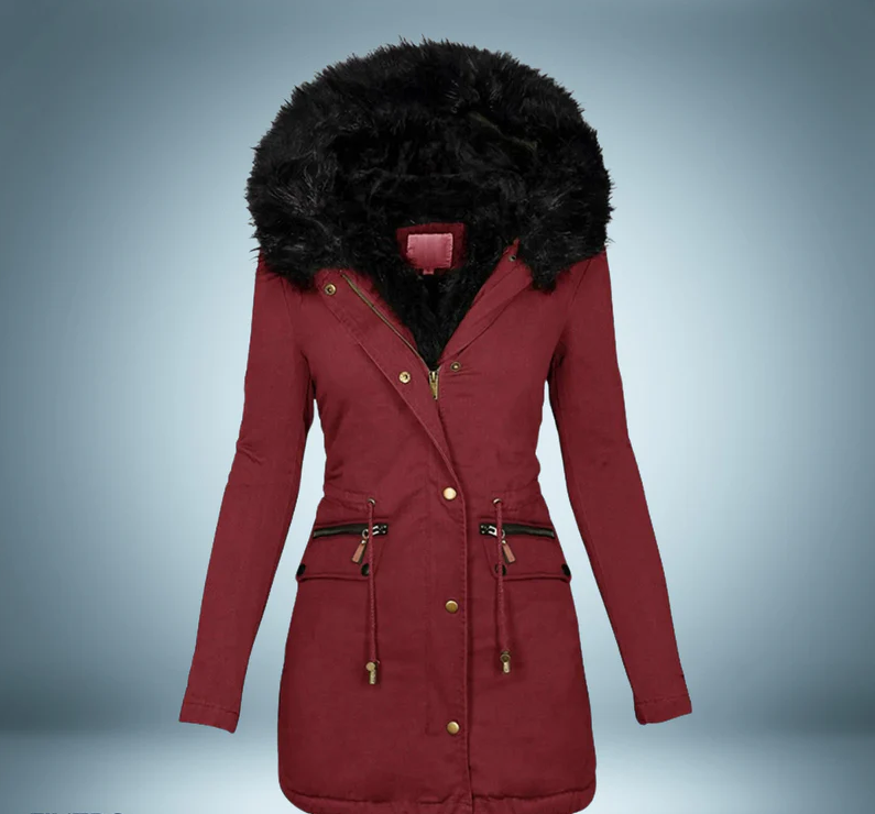 Stylische Parka Damen Schwarz Pelzbesatz
