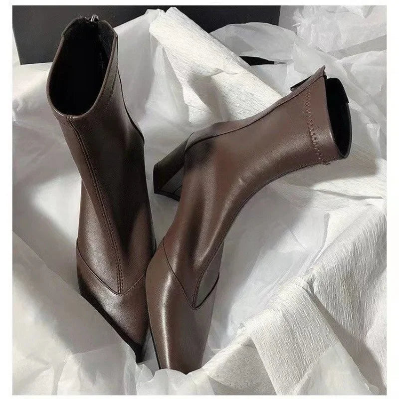 Stilvolle Stiefel Damen High Heels Chunky Spitze