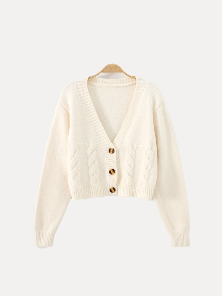 Damen Strickjacke Zopfmuster V-Ausschnitt Knopfverschluss