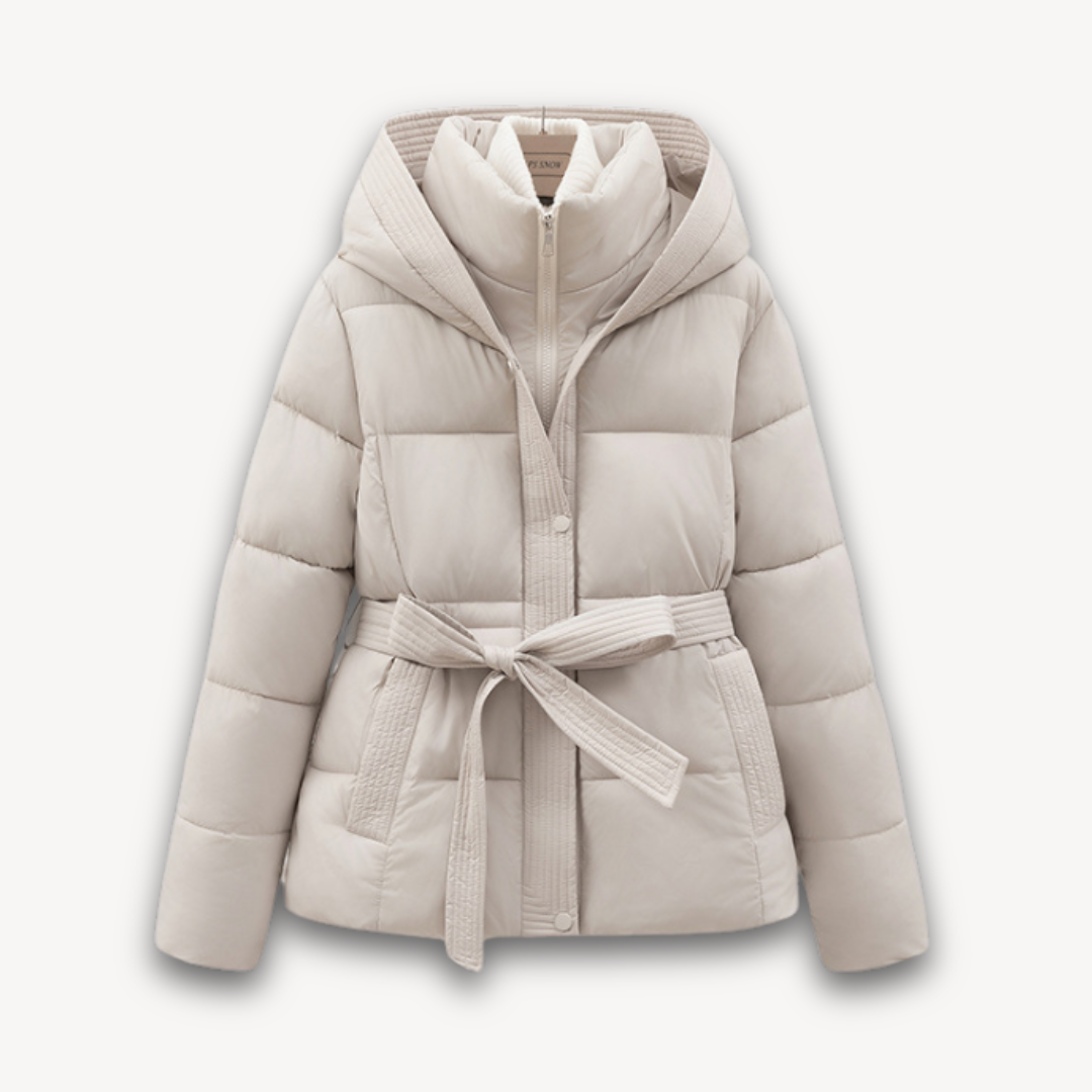 Damen Winterjacke Puffer Kapuze Gürtel