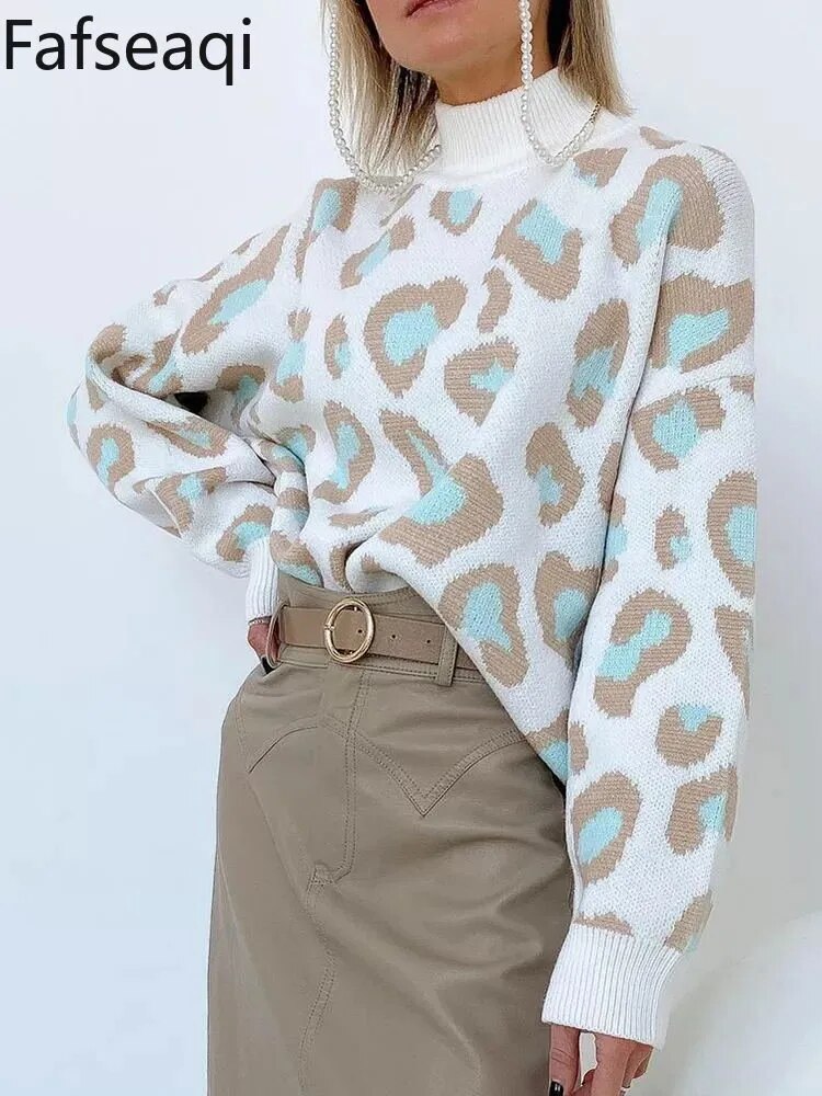 Dicke Rollkragenpullover Leopardenmuster Damen