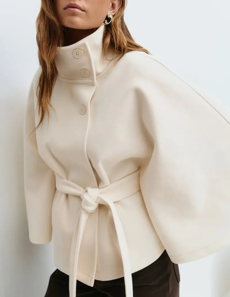 Frauen Frühjahrsmantel Cape-Style mit Gürtel und Stehkragen