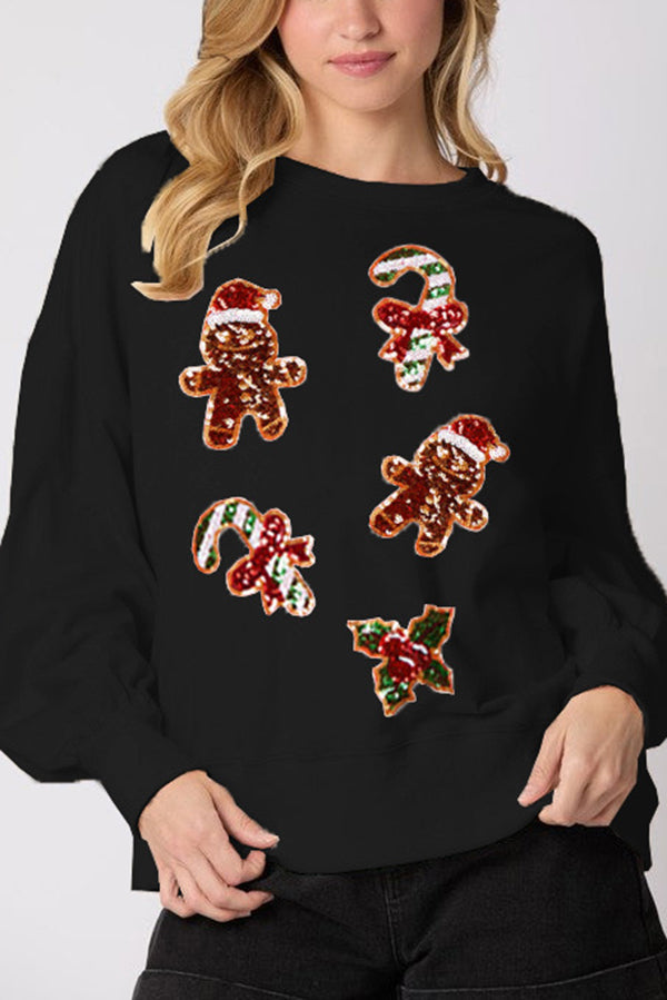 Weihnachten Sweatshirt Lebkuchenmann Glitzer Lässig Langarm