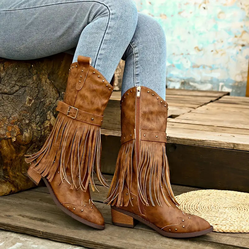 Stylische Damenstiefel Quasten Detail Blockabsatz - IdealeKleiden