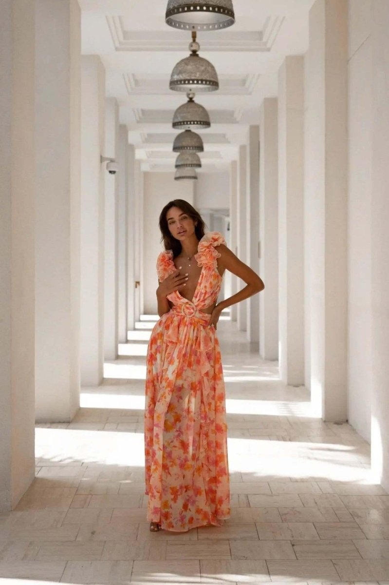 Sommer Maxikleid Blumenmuster Rüschen Dekolleté