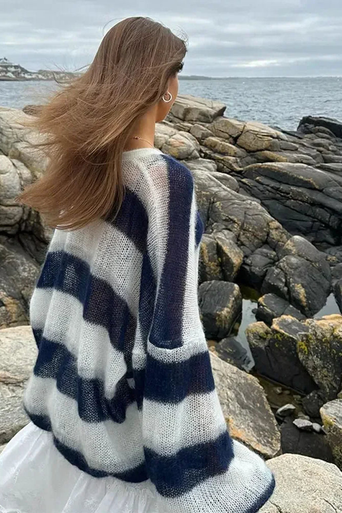 Stylische Cardigans | Streifen V-Ausschnitt Bequem Großzügig - IdealeKleiden