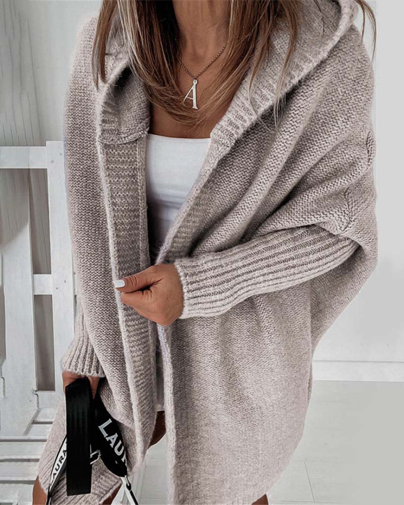 Stylische Strickjacke Fledermaus Kapuze Einfarbig