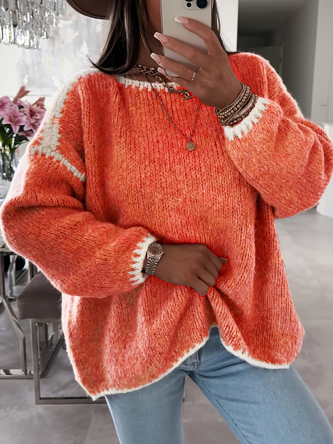 Lockere Strickpullover Weich Gemütlich Häkel Details