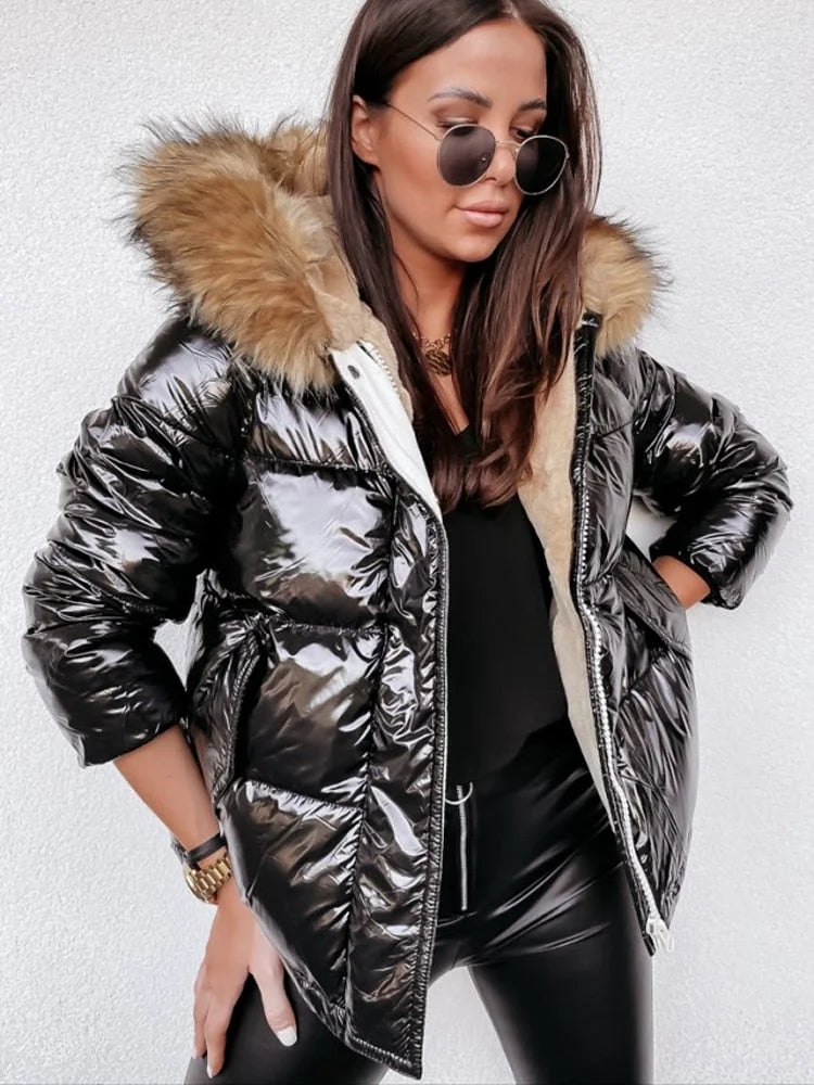 Elegante Damenwinterjacke Metallic Gold Silber