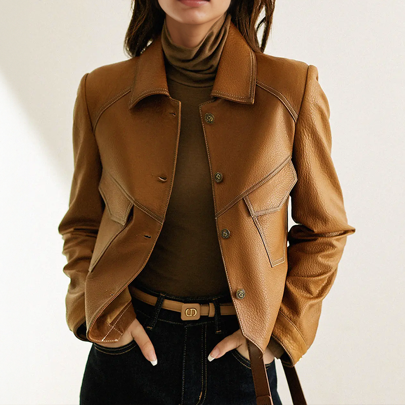 Stylische Lederjacke Frauen Vintage Look - IdealeKleiden