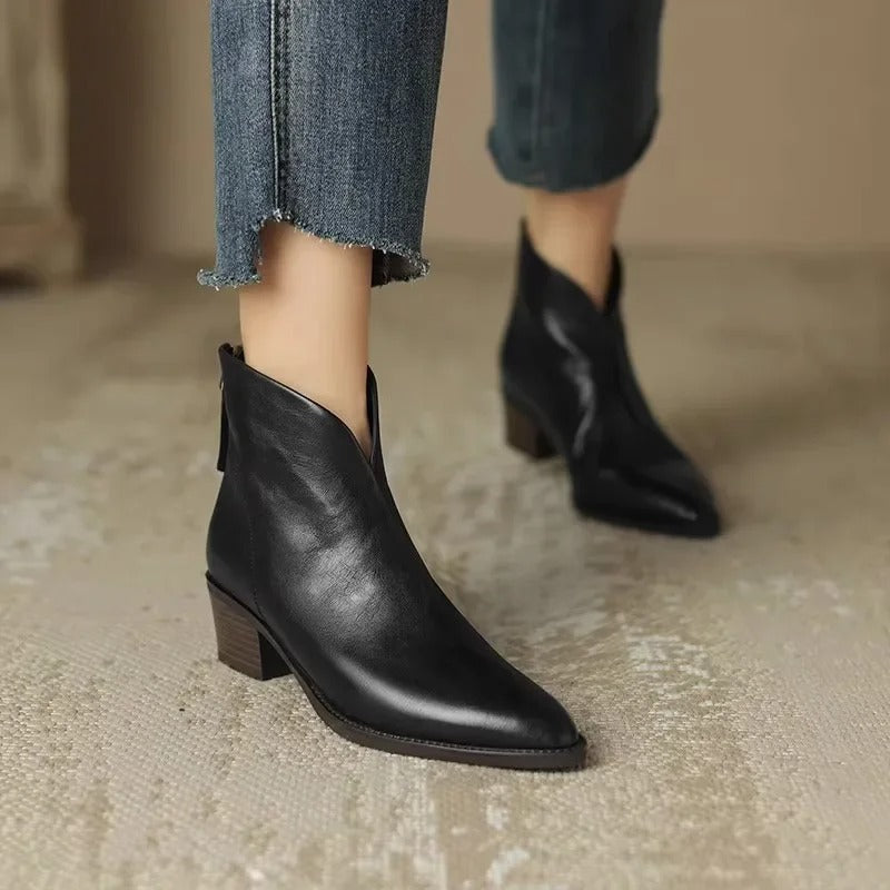Elegante Stiefeletten Leder Spitze Mid Heel Damen Schuhe