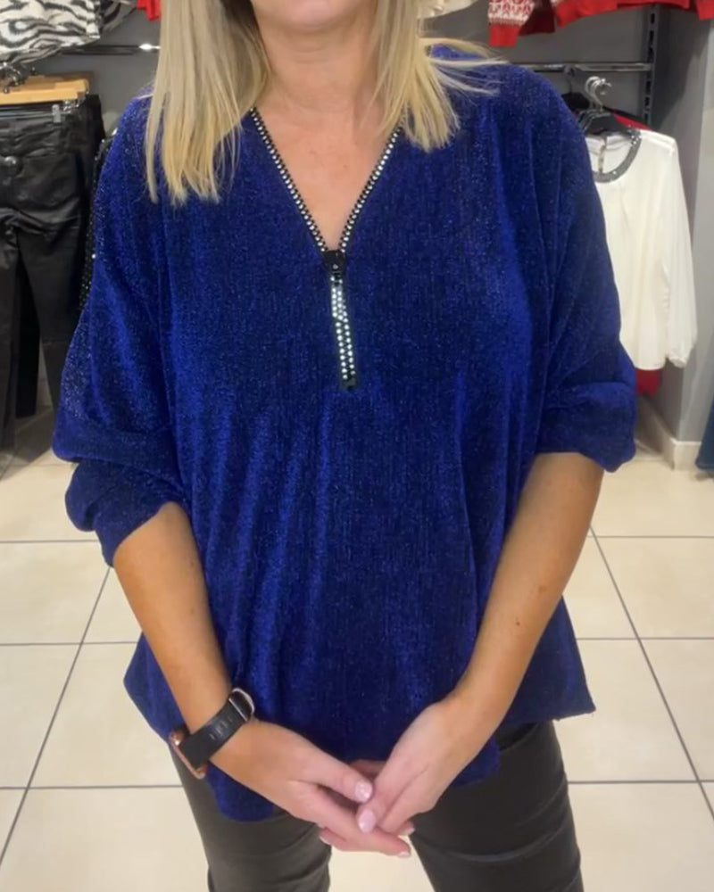 Damen Top Langarm Elegant Reißverschluss - IdealeKleiden