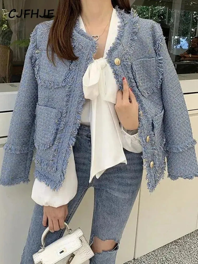 Elegante Damenjacke Blau Tweed Frauen - IdealeKleiden