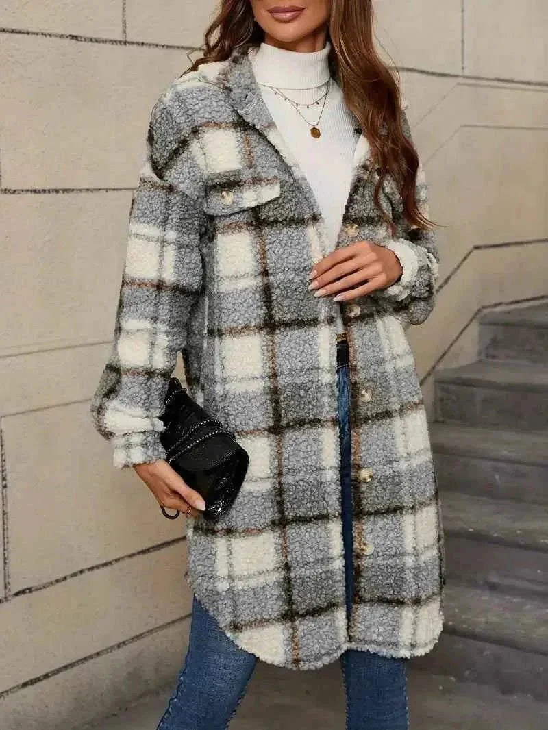 Damen Trenchcoat Kariert Teddy Weich