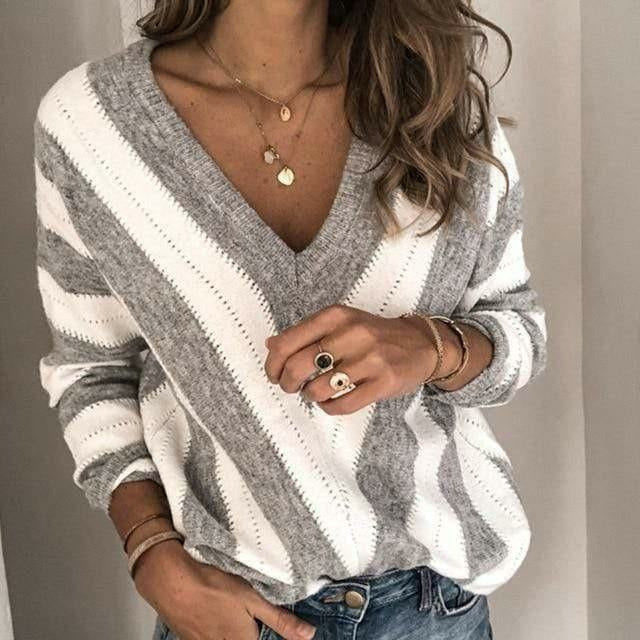 Damen Pullover Herbst Gestreift V-Ausschnitt