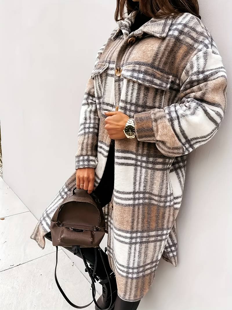 Damen Wolljacke Karomuster Warm Elegant Knöpfe