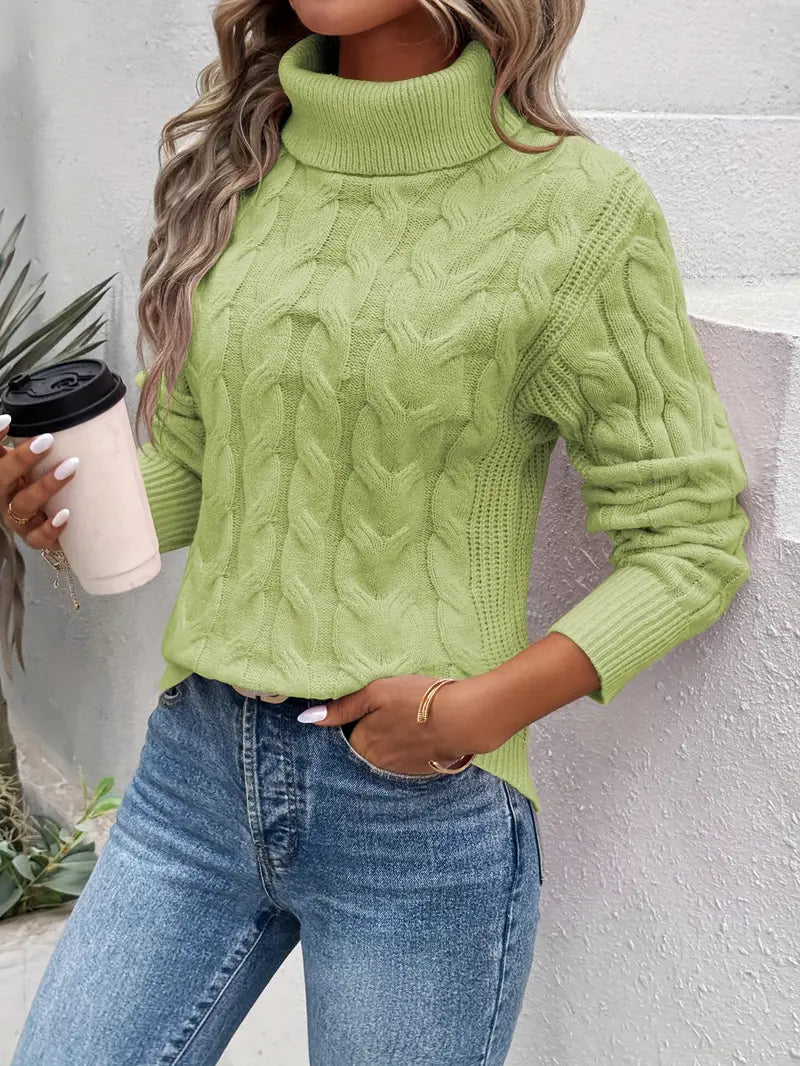 Damen Rollkragenpullover Zopf Muster Soft