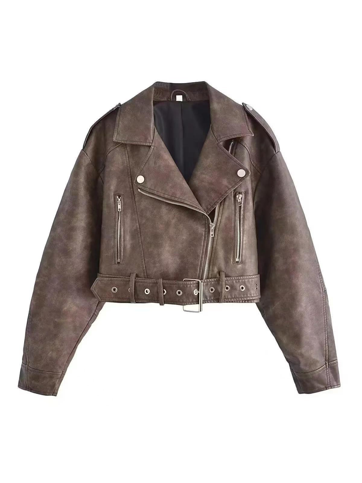 Ledermantel Reverskragen Jacke mit Gürtel - IdealeKleiden