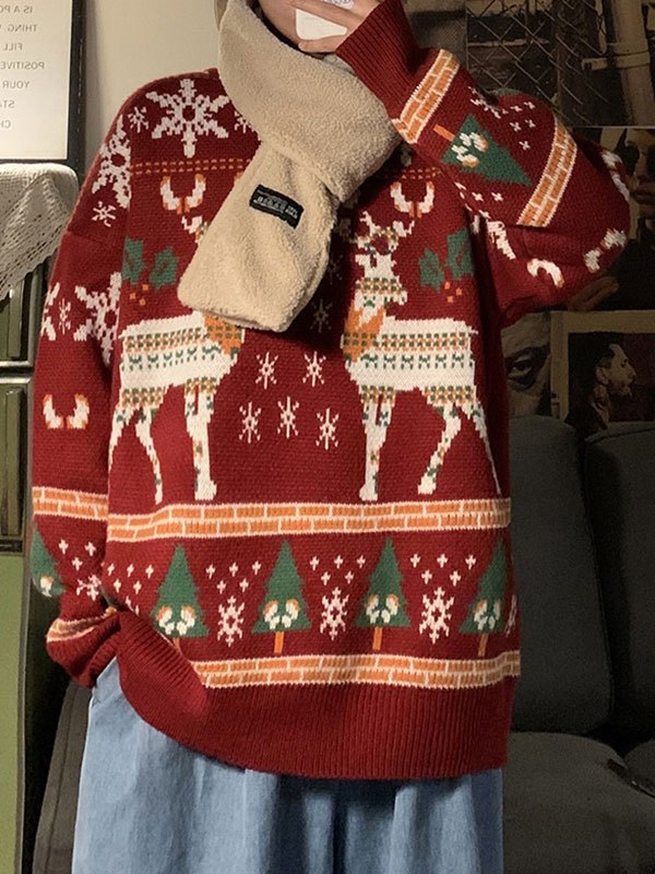 Weihnachtspullover Frauen Rundhals Weiss Hirsch - IdealeKleiden