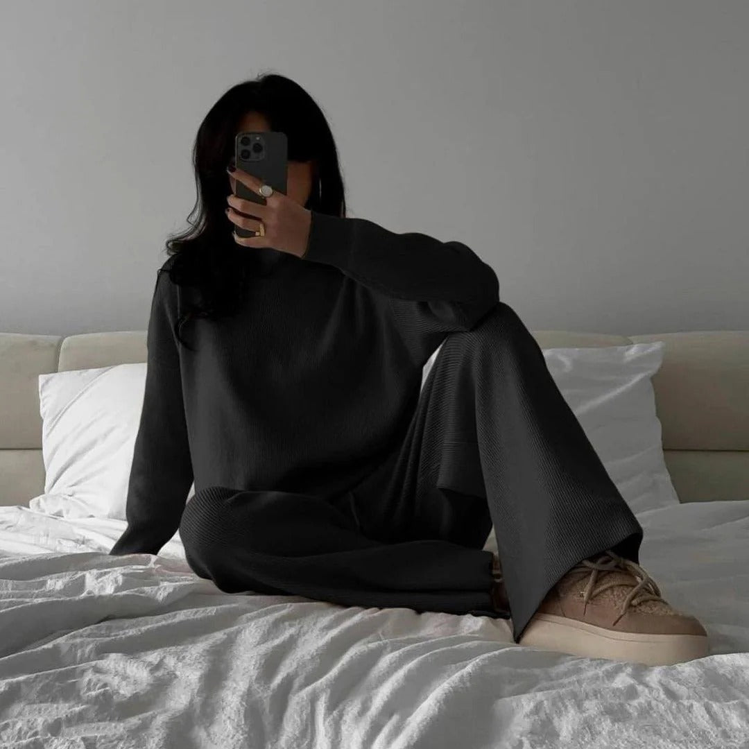 Große Größen Loungewear Set Bequem Rippstrick Hoher Kragen