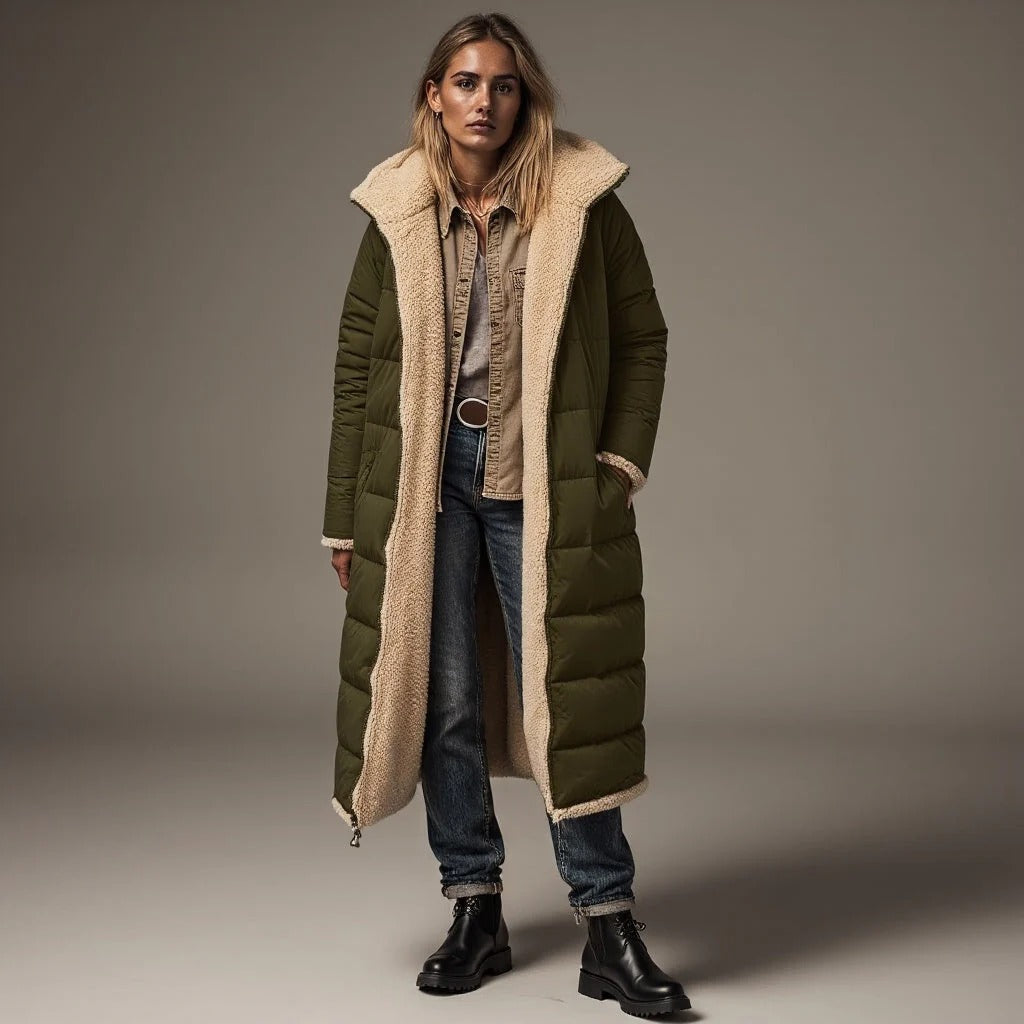 Langer Wintermantel Damen, Fleece Ausstattung, Lockerer Schnitt