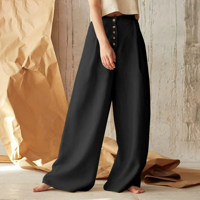 Sommerkleid Weites Bein Hochtailliert Knopfverschluss Leinen Look