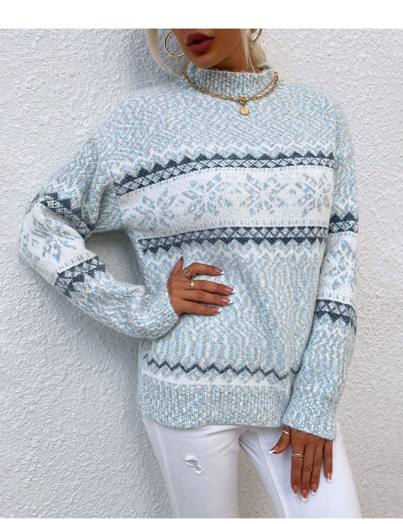 Warme Wollkleid Damen Entspannter Schnitt Schneemuster