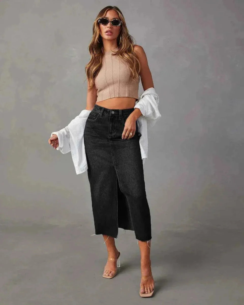 Moderner Damen Jeansrock Hochwerder mit Schlitz