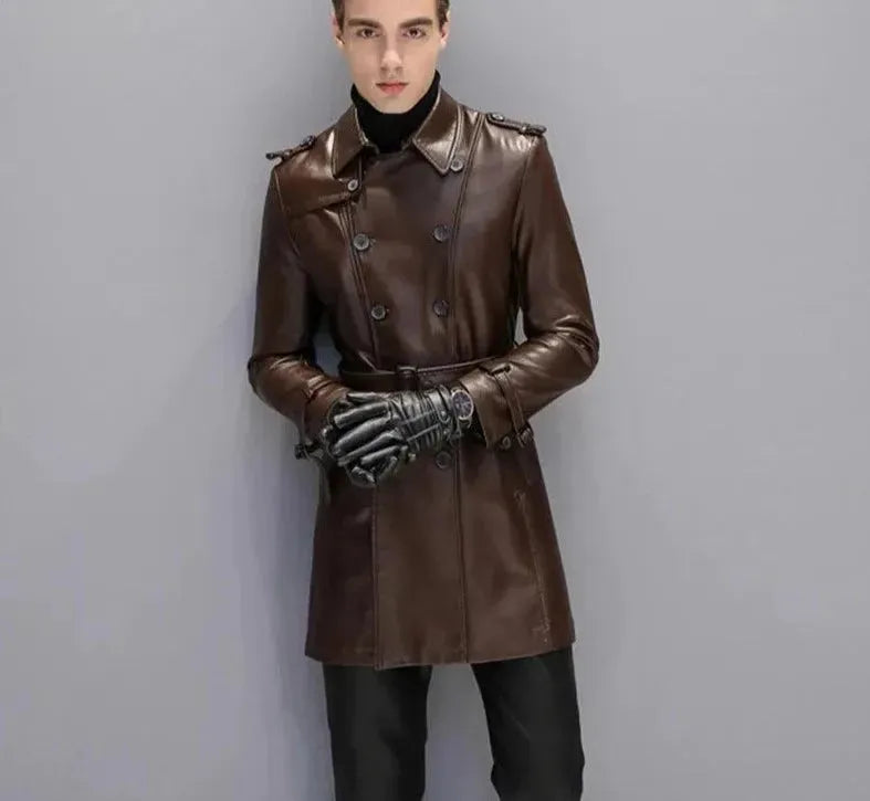 Herren Leder-Trenchcoat Elegant Schwarz