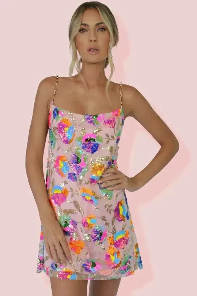 Glamour Minikleid Pailletten Blumenmuster