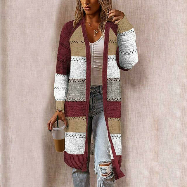 Damen Strickjacke Herbst Lang Gestreift