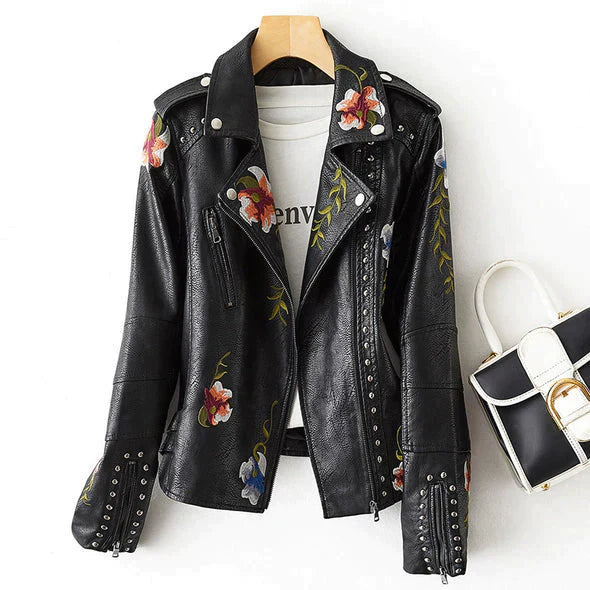 Lederjacke Blumenmuster Frauen