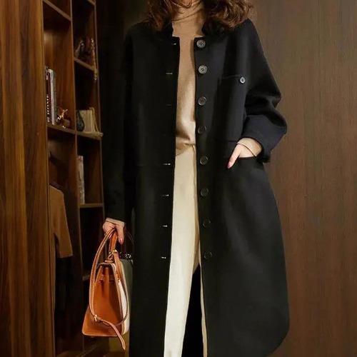 Elegante Damenkleid Lang Reverskragen Wollmischung