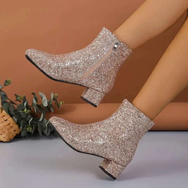 Glitzer Stiefeletten Party Schuhe Hochhackig Blockabsatz