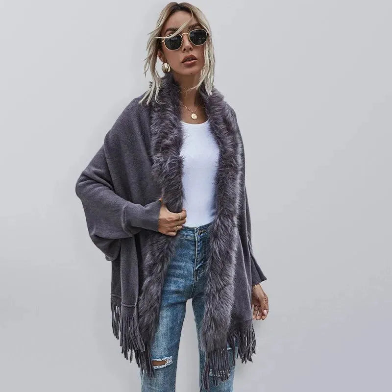 Eleganter Wollmantel Damen Pelz Schal