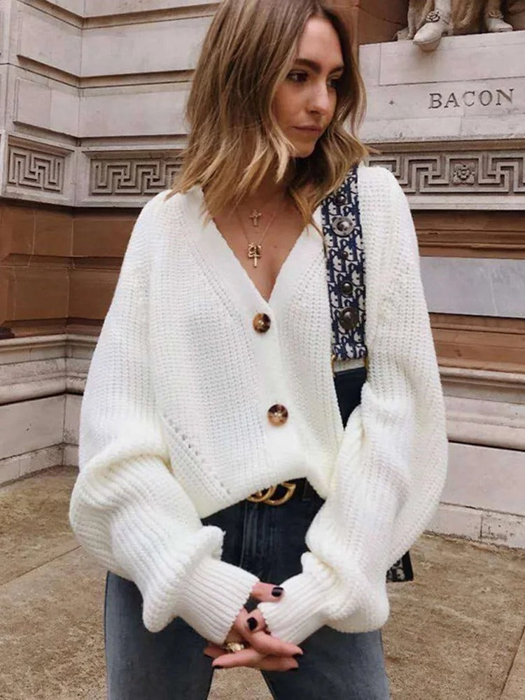 Damen Strickjacke mit Lochmuster und Puffärmeln