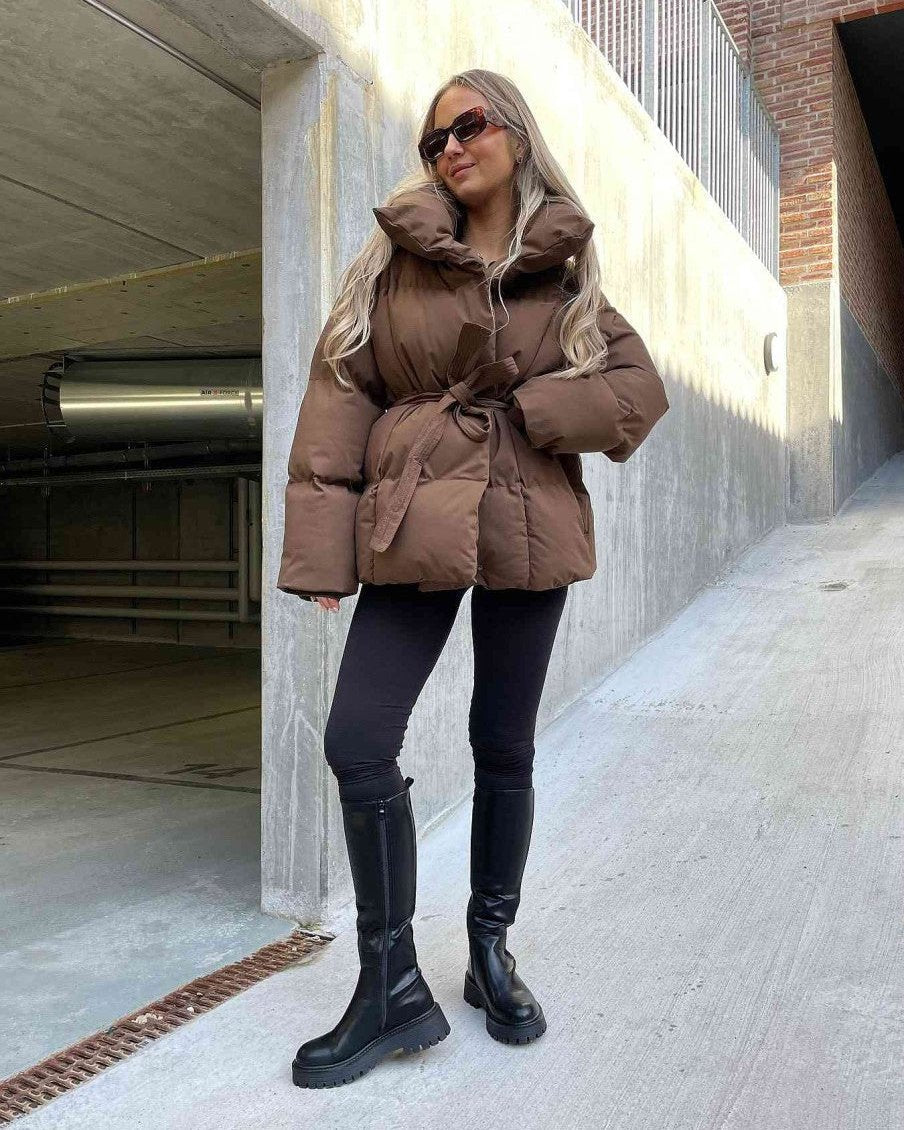 Damen Winterjacke Braun Oversized Gürtel - IdealeKleiden