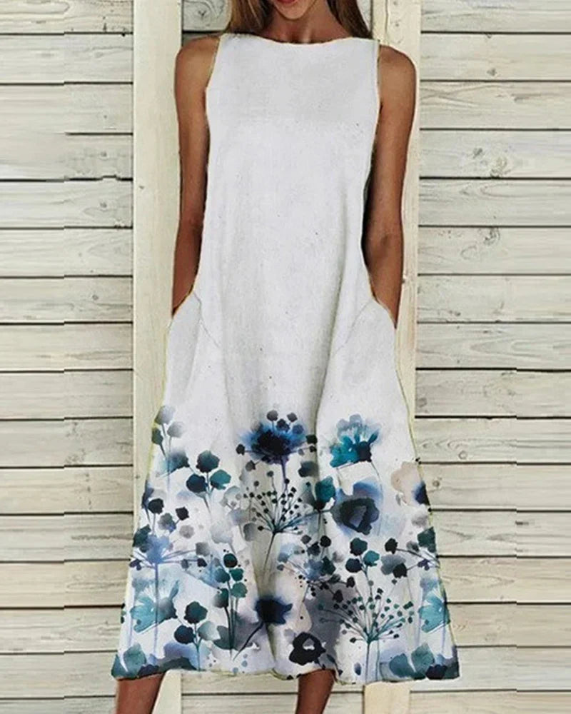 Sommerkleid Damen Blumenmuster Rundhals Midi Kleid - IdealeKleiden
