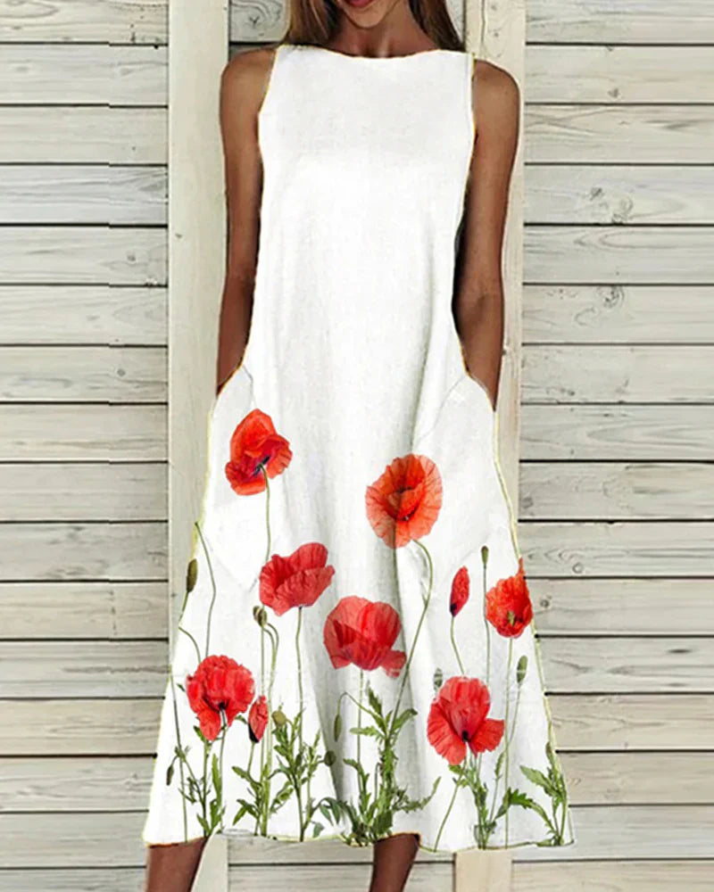 Sommerkleid Damen Blumenmuster Rundhals Midi Kleid