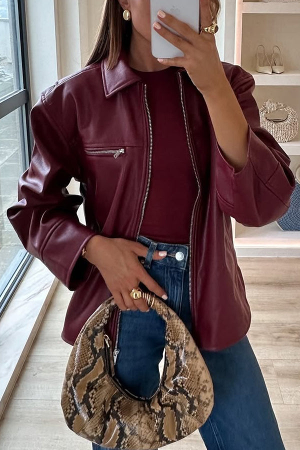 Elegante Lederjacke Langarm Reißverschluss