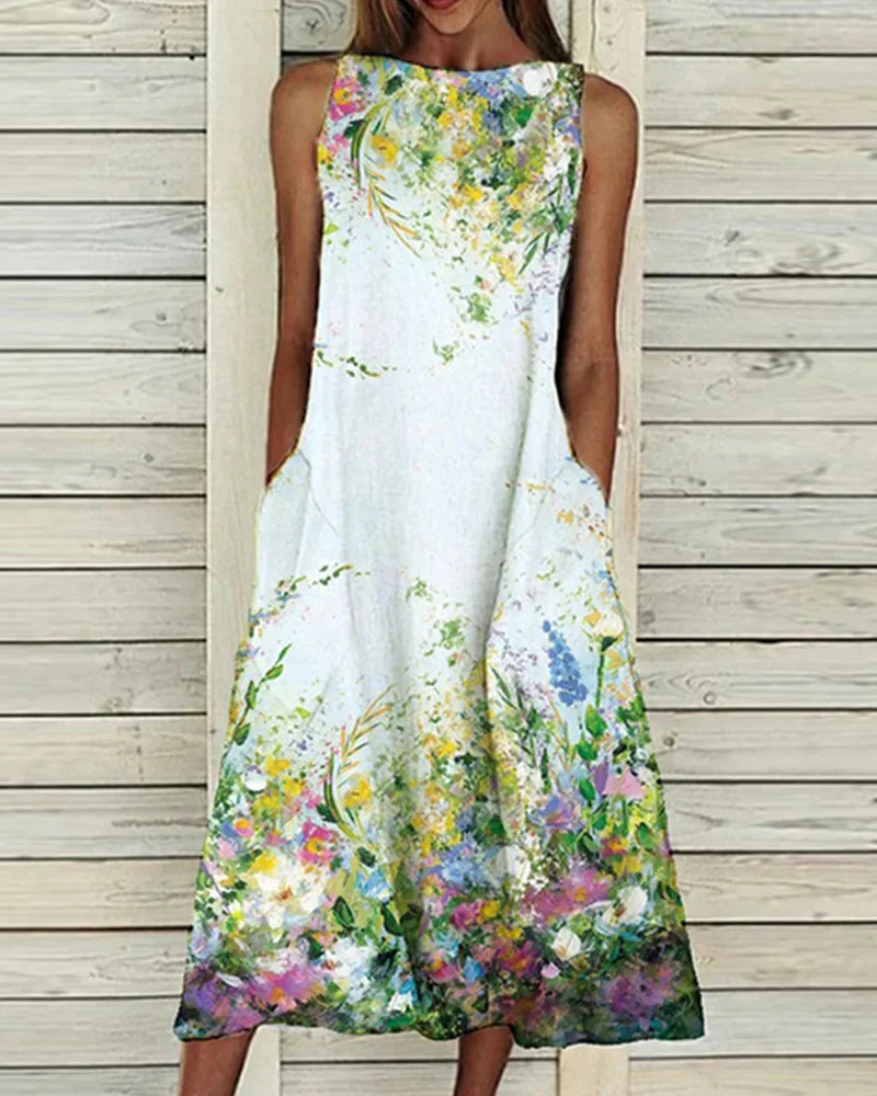 Sommerkleid Damen Blumenmuster Rundhals Midi Kleid