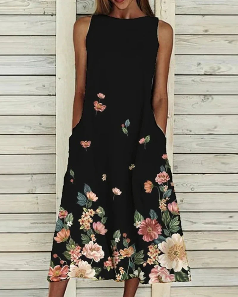 Sommerkleid Damen Blumenmuster Rundhals Midi Kleid