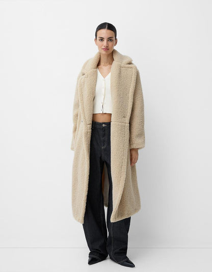 Damen Teddy-Mantel Lang Warm & Plüschig - IdealeKleiden
