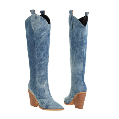 Hohe Stiefel Spitze Zehe Röhrenlook Denim