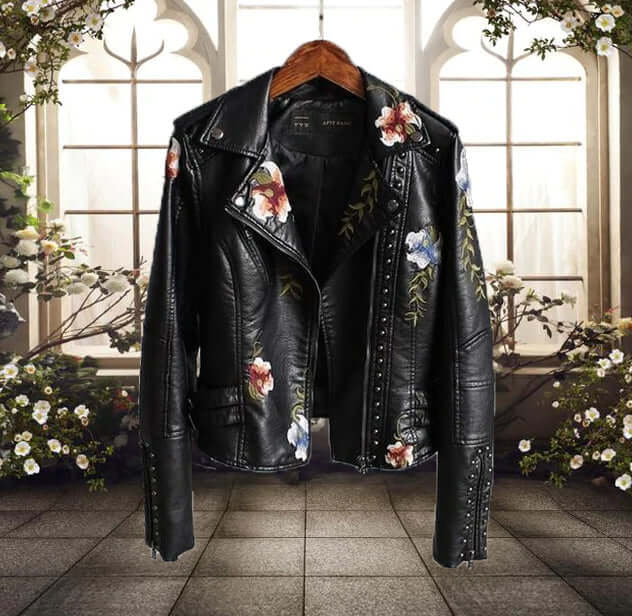Stylische Damen Lederjacke Blumenmuster