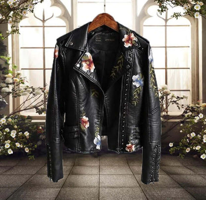 Stylische Damen Lederjacke Blumenmuster