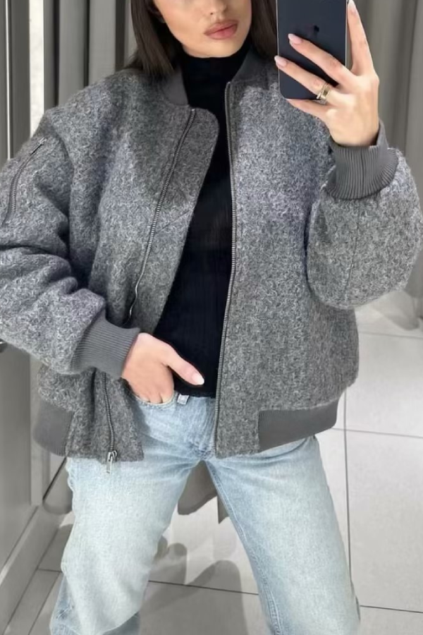 Stylische Flugjacke Lange Ärmel Rippoptik