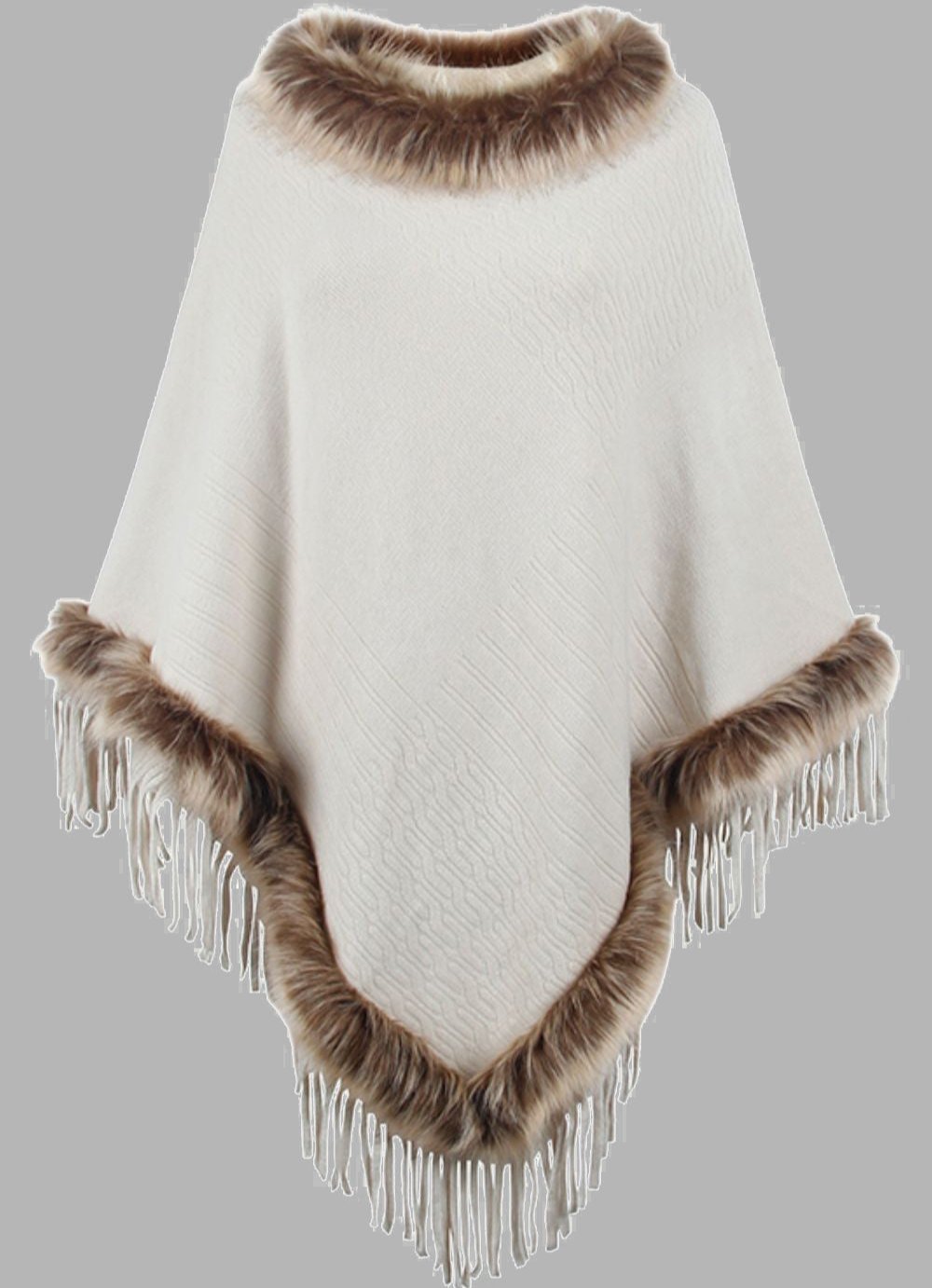 Eleganter Damen Poncho Lang Mantel mit Kunstpelz