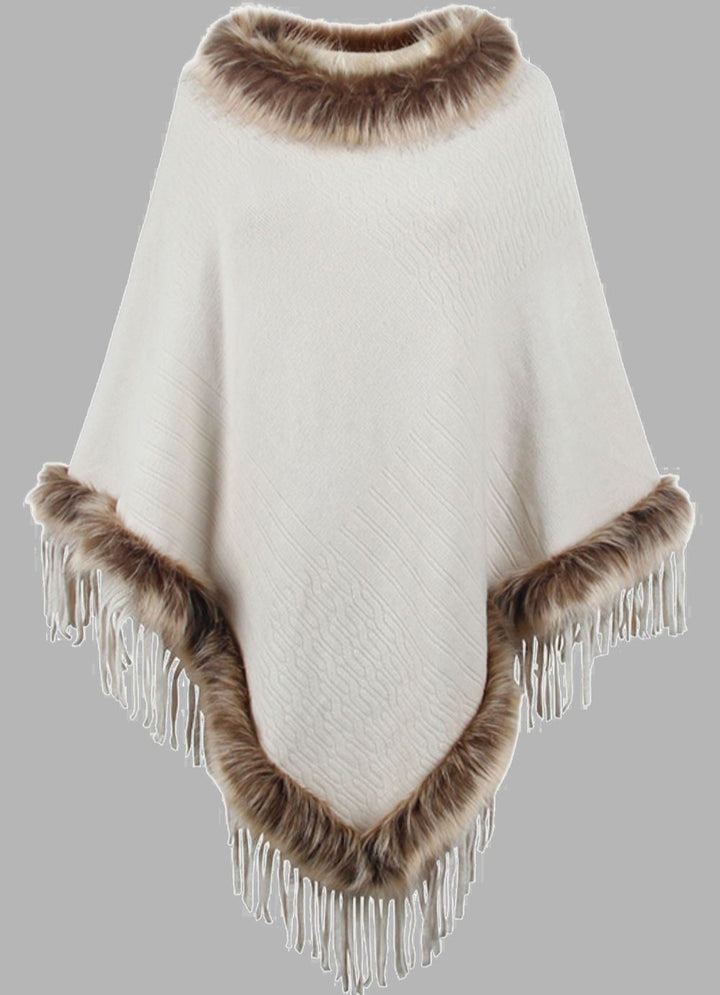 Eleganter Damen Poncho Lang Mantel mit Kunstpelz